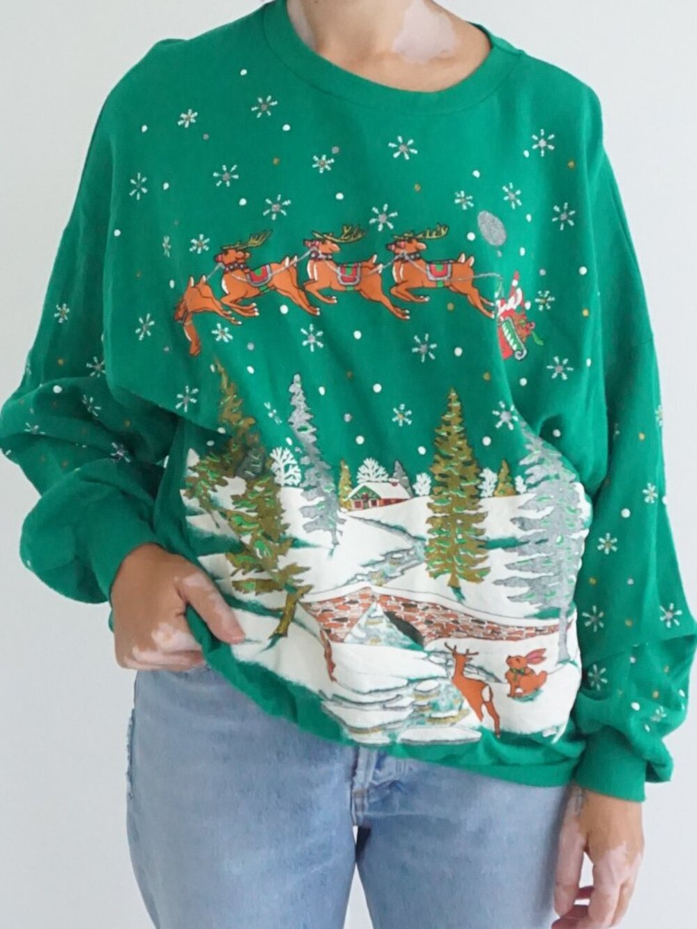 Vintage NutCracker Green Santa Reindeer Sleigh Snowflake Snow Christmas SweaterL